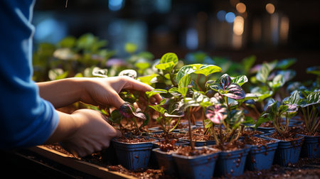 Woman transplanting houseplant. Generative AIの素材