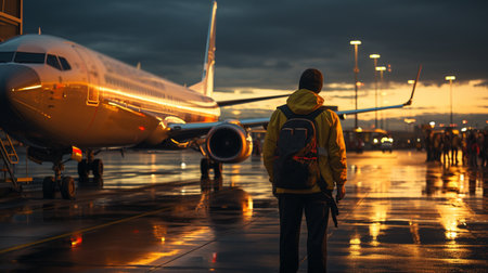 man standing over airplane background. Generative AIの素材