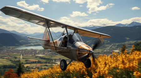Motorized hang glider trike plane flies. Generative AIの素材