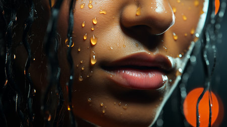 View of beautiful girl in drop of water on face. Generative AIの素材