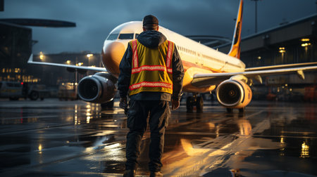 man standing over airplane background. Generative AIの素材