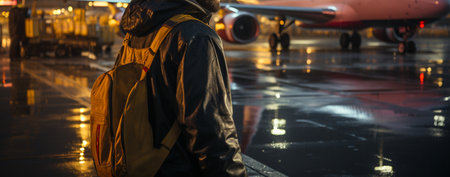 man standing over airplane background. Generative AIの素材