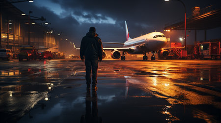 man standing over airplane background. Generative AIの素材