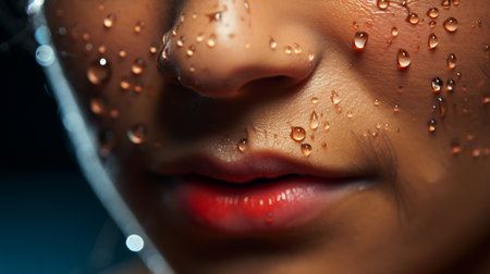 View of beautiful girl in drop of water on face. Generative AIの素材