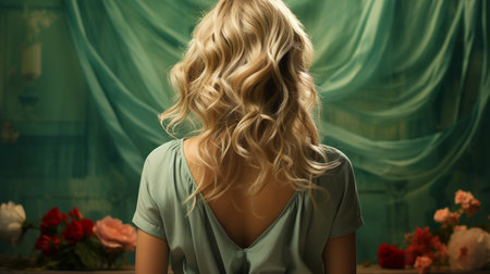 Beautiful young woman with blond stylish wavy hairdo on green background. Generative AIの素材