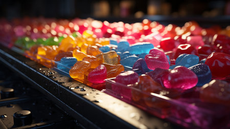 Sweets candy on factory conveyor. Generative AIの素材