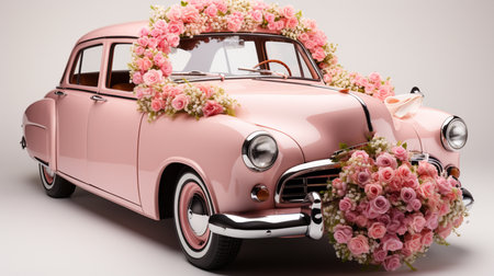 Wedding pink old car with flowers. Generative AIの素材