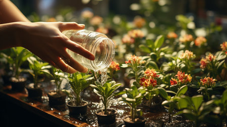 Hand sprayed flowers with clean water. Generative AIの素材