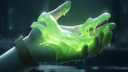 Green slime toy in hand. Generative AIの素材