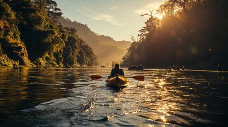 A group of friends enjoying fun and kayaking exploring the calm river. Generative AIの素材