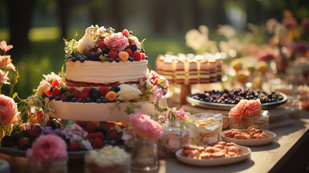 Wedding buffet table, event dessert food catering for wedding. Generative AIの素材