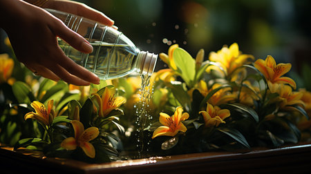 Hand sprayed flowers with clean water. Generative AIの素材