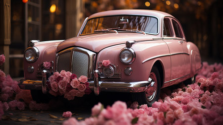 Wedding pink old car with flowers. Generative AIの素材