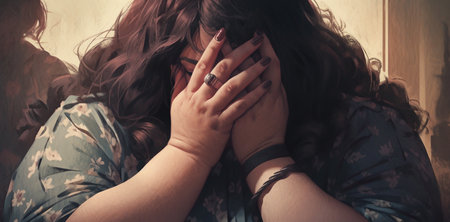 Woman covering her face with hands. Generative AIの素材
