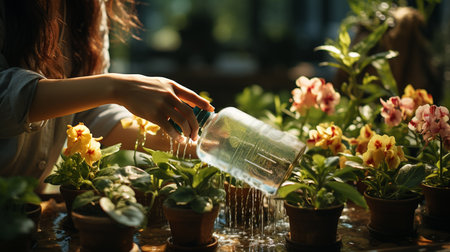 Hand sprayed flowers with clean water. Generative AIの素材