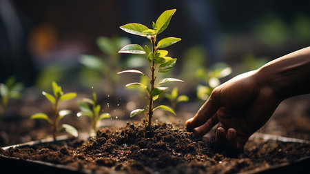 Sustainability and environment with hand and plant. Generative AIの素材