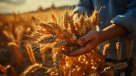 Person holding wheat on wheat field. Generative AIの素材