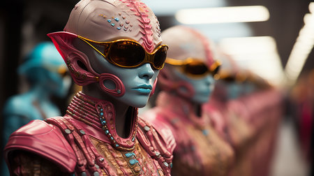 Fashion trends, with aliens wearing vibrant and bizarre outfits. Generative AIの素材