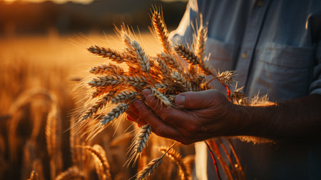 Person holding wheat on wheat field. Generative AIの素材