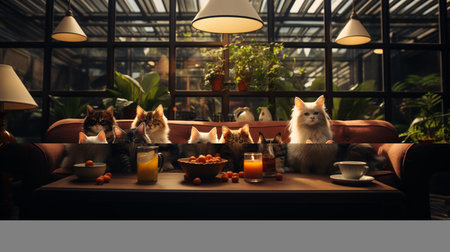 A pet-friendly cafe with cats lounging on couch. Generative AIの素材