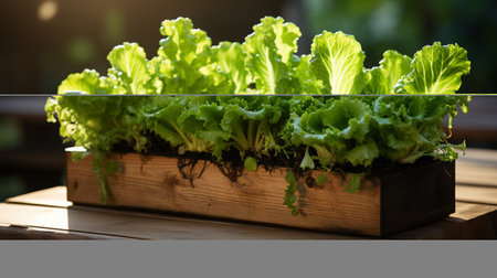Group of lettuce plants growing in wooden planter box. Generative AIの素材