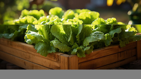 Group of lettuce plants growing in wooden planter box. Generative AIの素材