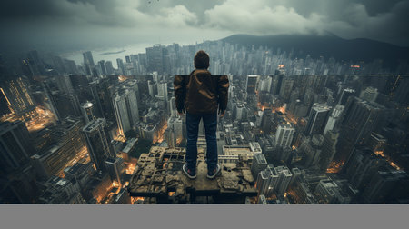 Man on the edge of a high-rise building at high altitude. Generative AIの素材