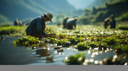 Farmers working in a rice plantation. Generative AIの素材