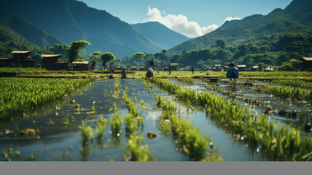 Farmers working in a rice plantation. Generative AIの素材