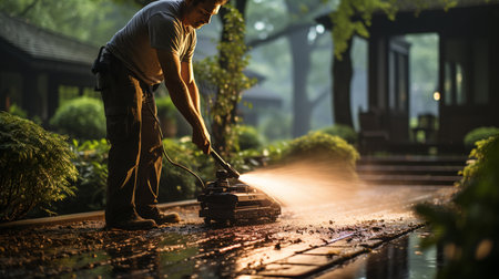 Man using a pressure washer. Generative AIの素材