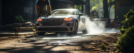 Man using a pressure washer. Generative AIの素材