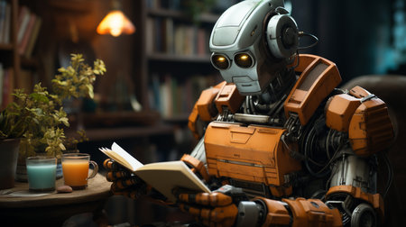 Robot reading a book. Generative AIの素材
