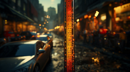 Thermometer showing high temperature in front of traffic during heatwave. Generative AIの素材