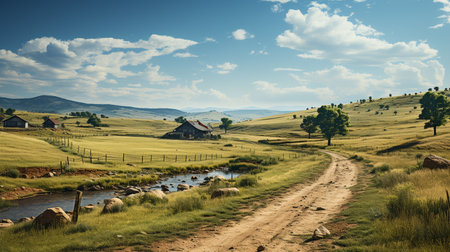 Farm landscape, agricultural fields, beautiful countryside. Generative AIの素材
