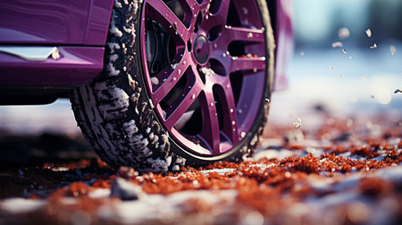 Close up of car wheel on snow. Generative AIの素材