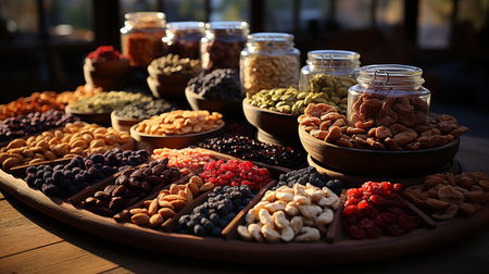 Assortment of dried fruits and nuts. Generative AIの素材