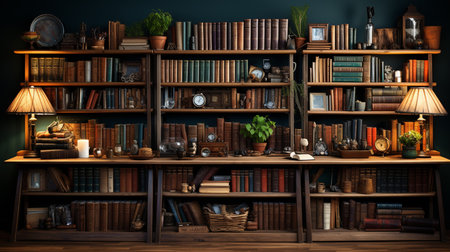 Arranged bookshelves in a beautiful room. Generative AIの素材