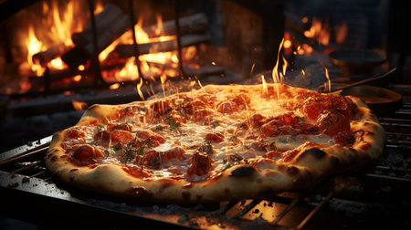 A pizza oven with flames, crispy and savory pizza. Generative AIの素材