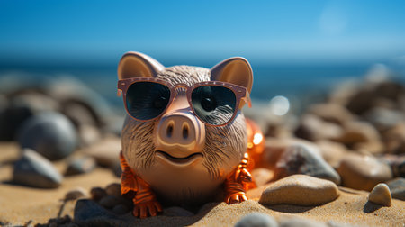 Piggy bank wearing sunglasses at the beach, save money for vacation concept. Generative AIの素材