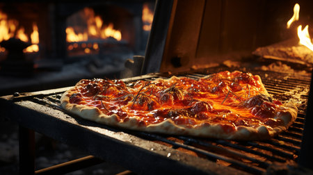A pizza oven with flames, crispy and savory pizza. Generative AIの素材