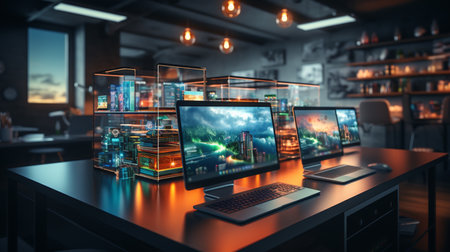 Cloud technology, computing. Devices connected to digital storage in the data center via the Internet. Generative AIの素材