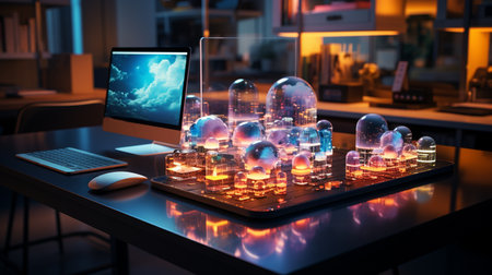 Cloud technology, computing. Devices connected to digital storage in the data center via the Internet. Generative AIの素材