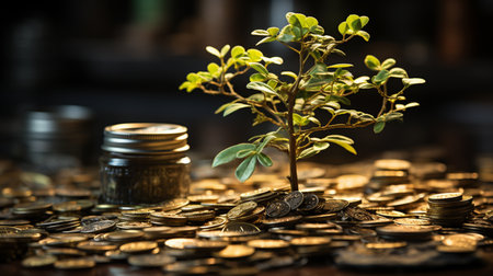 Small tree on stack coins. Generative AIの素材
