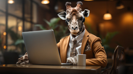 Giraffe dressed as a businessman using laptop. Generative AIの素材