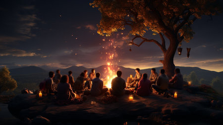 Group of people gathered around a bonfire. Generative AIの素材