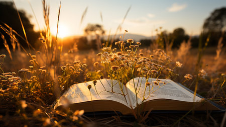 Open book Bible in the grass in nature. Generative AIの素材