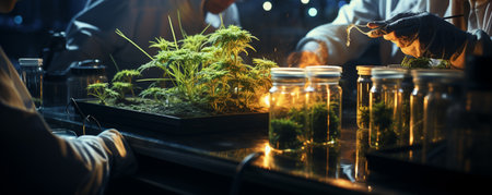 Medical marijuana study in laboratory setting, with scientists working on various projects. Generative AIの素材