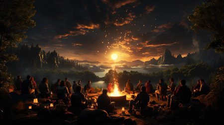 Group of people gathered around a bonfire. Generative AIの素材