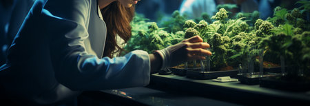 Medical marijuana study in laboratory setting, with scientists working on various projects. Generative AIの素材