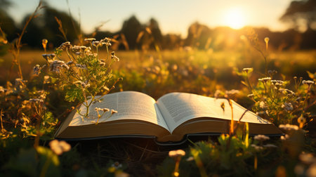 Open book Bible in the grass in nature. Generative AIの素材